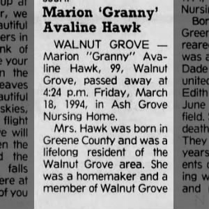 Obituary for Marion Avaline Hawk