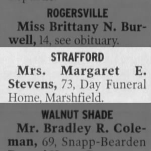 Obituary for Margaret E. Stevens