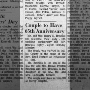 Henry D. Brockus - celebrated 88 bday/ 65th anniversary in 1960 - lived in Mercy Hospital 
