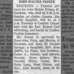 Obituary for JOHN WALTER FRIEZE